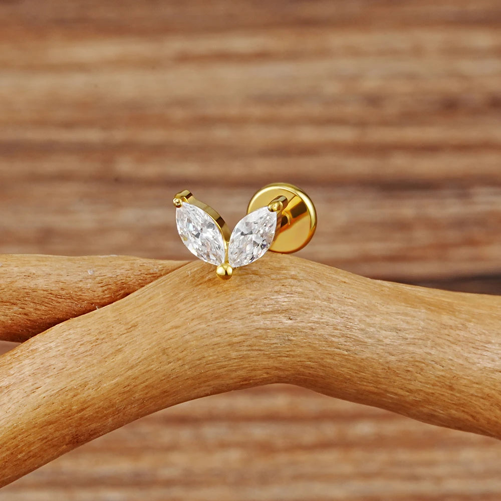 Right Grand ASTM F136 Titanium Tiny Double Marquise CZ Labret Stud Earring 16G Heart CZ Cartilage Helix Tragus Conch Piercing