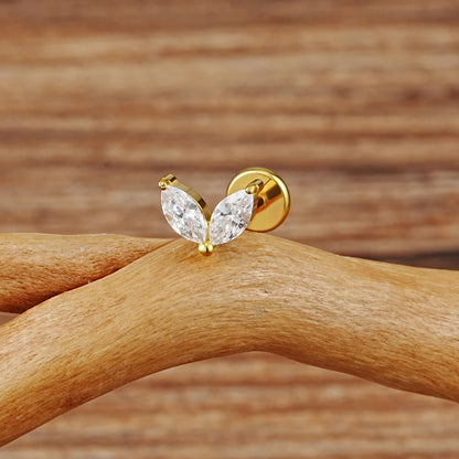 Right Grand ASTM F136 Titanium Tiny Double Marquise CZ Labret Stud Earring 16G Heart CZ Cartilage Helix Tragus Conch Piercing