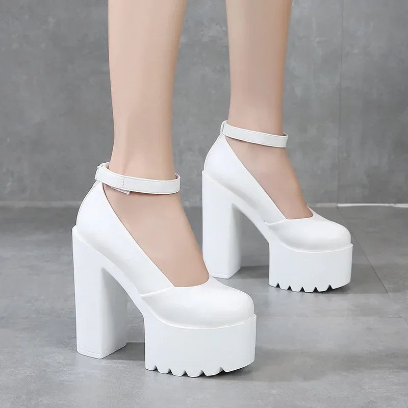 Women Pumps 14CM Thick High Heels Black Sexy PU Slip On Round Toe Waterproof Party Wedding Office & Career Shoes for Women 2020