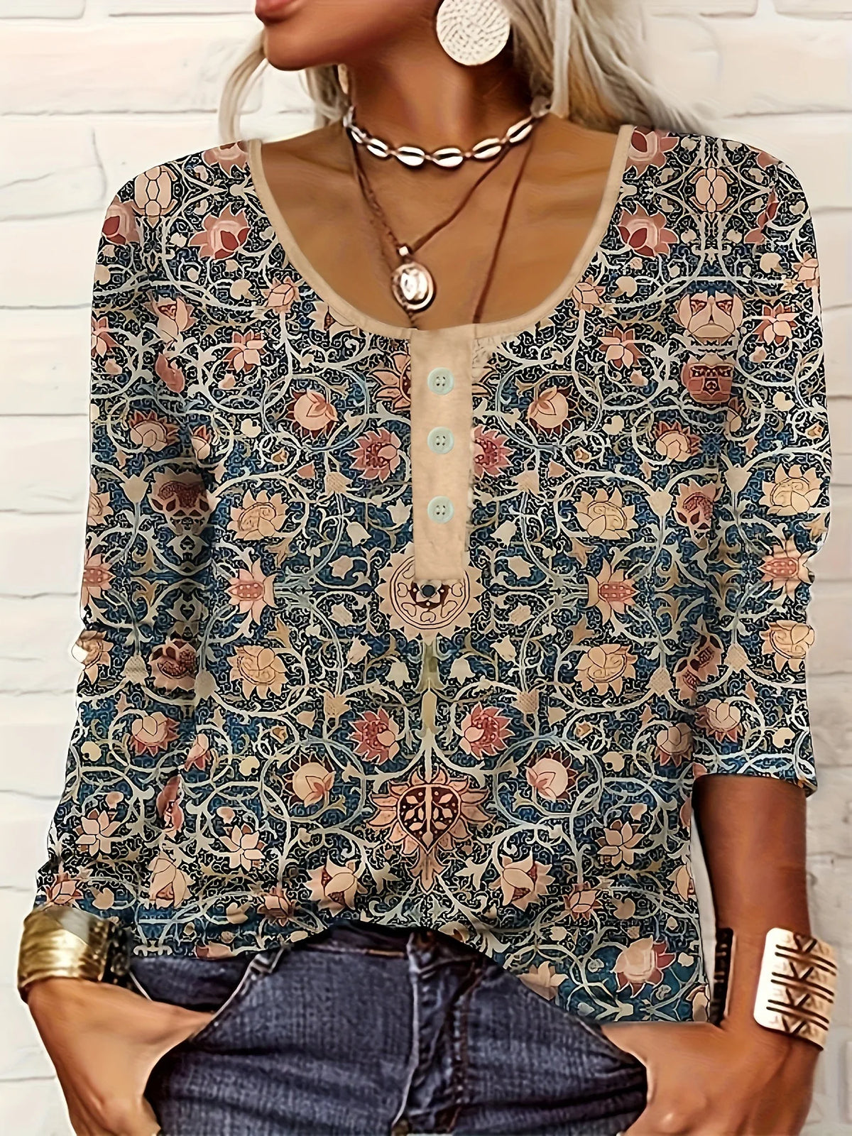 Women Long-Sleeved O-Neck Shirt Fashion Printed Casual Blouses 2025 New Spring Autumn Vintage Ethnic Style Femme Tops Plus Size