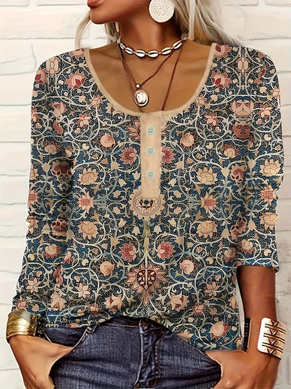 Women Long-Sleeved O-Neck Shirt Fashion Printed Casual Blouses 2025 New Spring Autumn Vintage Ethnic Style Femme Tops Plus Size