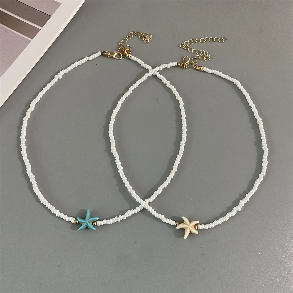 Shell Starfish Woman Short Necklace Summer Holiday Gift Handmade Choker  Seed Beads Neck Jewelry White