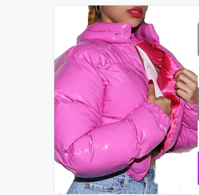 Women Cotton-padded Jacket Jacket Fashion Casual Glossy Long Sleeve Autumn And Winter Stand Collar Short Zipper Sexy Warm Street