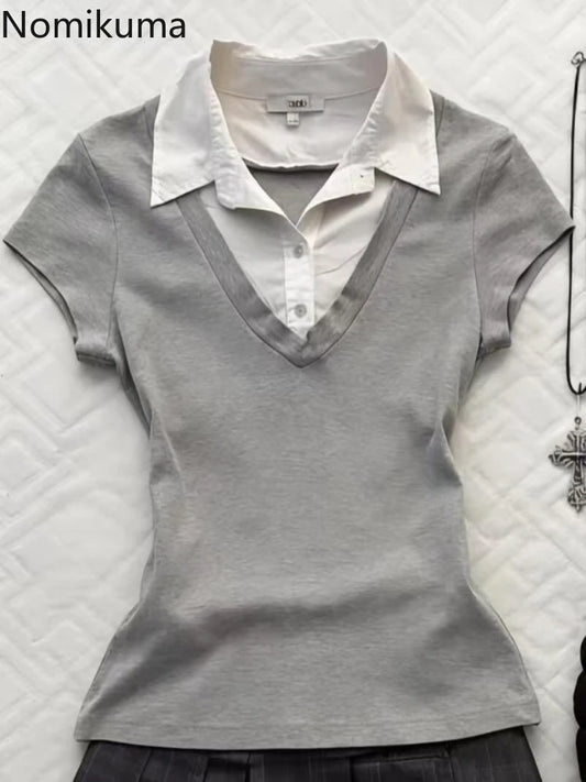 Women's Contrast-Collar Short-Sleeve Top