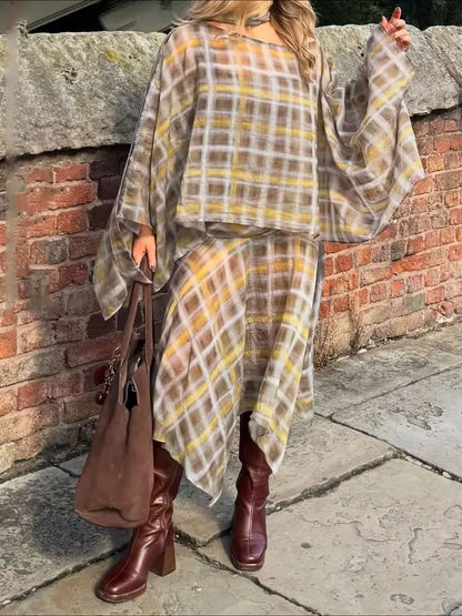 Women's Plaid Cape Top & Asymmetric Skirt Options