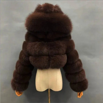 S-6XL Women Coat Autumn Winter Short Hooded Faux Fox Fur Coat Thick Warm Outerwear Fake Fur Woman Jackets Ladies Furry Coats