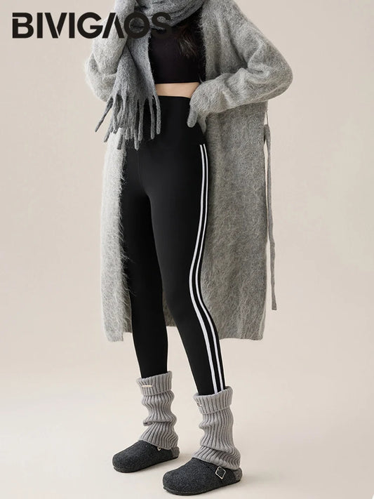 BIVIGAOS New Autumn White Striped Light Fleece Leggings Women Winter Pants High Waist Slim Velvet Thick Sport Warm Leggings