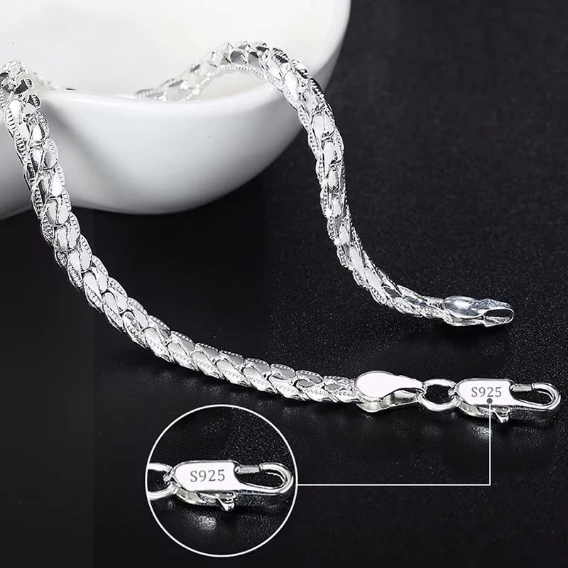 925 Silver Bracelet 6mm 18/19/20cm Flat Side Chain Lobster Clasp For Woman Man Wedding Engagement Jewelry