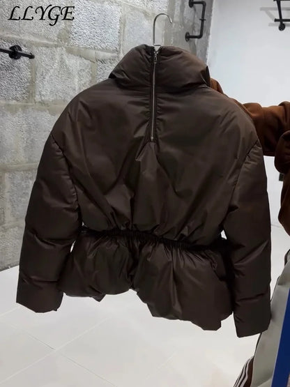 Casual Women's Waist Cinched Padded Cotton Coats Stand Collar Zipper Full Sleeve Coat 2026 Autumn Winter Lady Down Jacket New