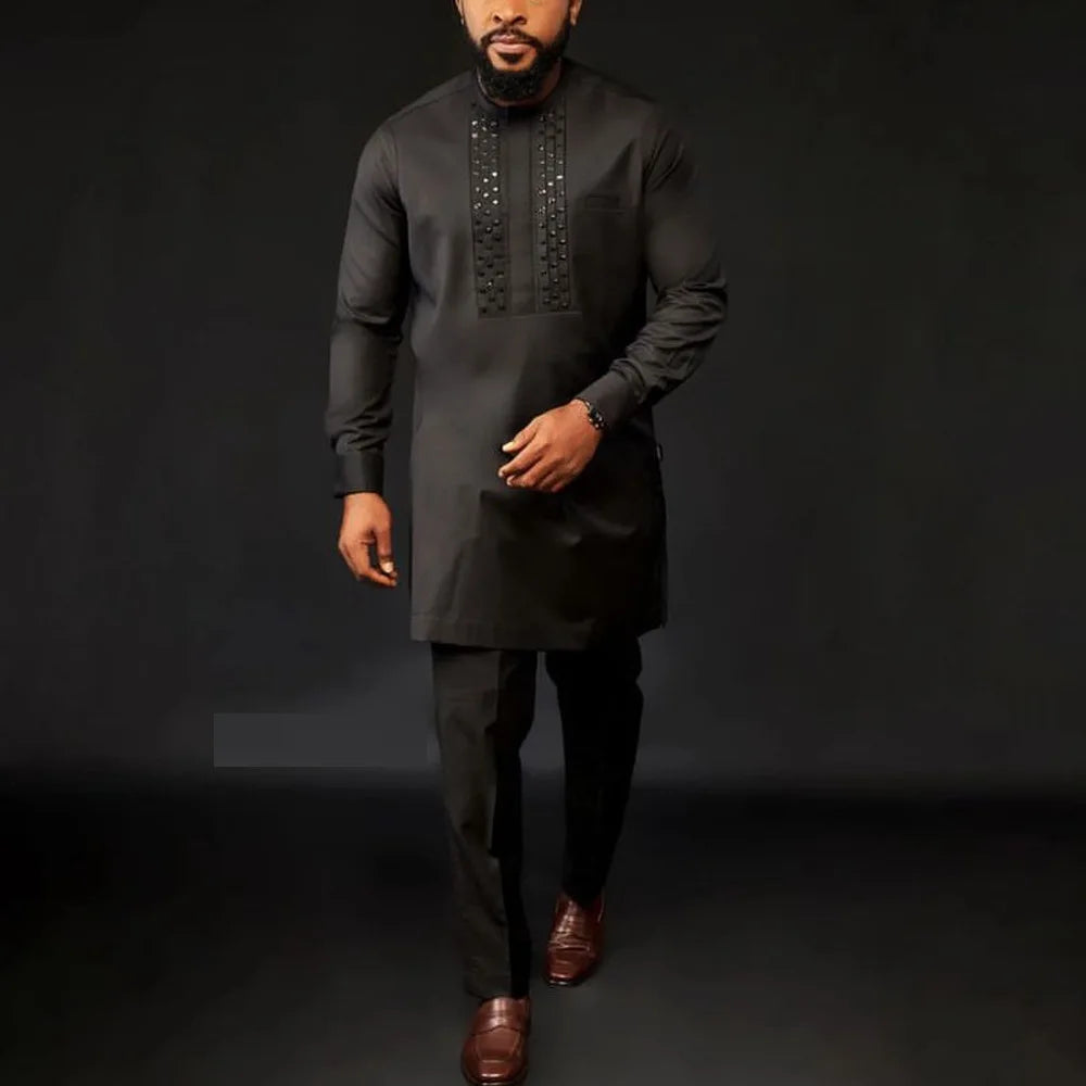 2025 African Men Dashiki Long Sleeve 2 Piece Set Traditional Outfit Africa Clothing White Men's Suit Male Shirt Pants Suits