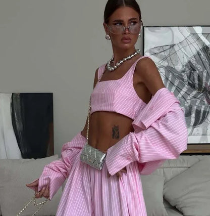 Fashion Drop Waist Lantern Pant 3 Pieces Suit Stripe Women Leeveless Vest Long Sleeve Lapel Shirt Sets 2026 Lady New Street Wear