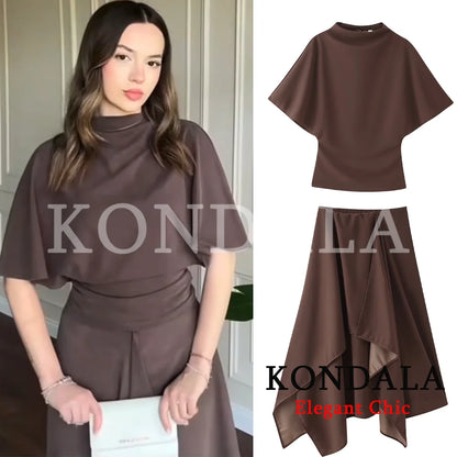 KONDALA Women Trendy Skirt Set Half High Collar Top Asymmetrical Skirt New Fashion 2026 Spring Summer Beach Holiday Skirt Set