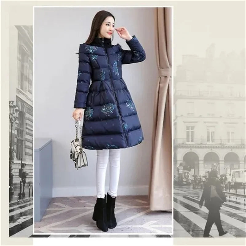 Cotton Jacket Women's Medium Long 2026 Winter New Korean Version Slim Print Thick Cotton Cloak Jacket Female Warm Parka Overcoat