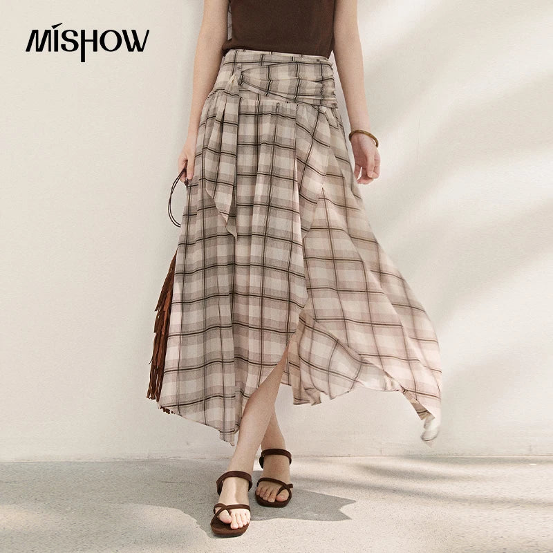 MISHOW New French-style Plaid Chiffon High-waist Skirt 2026 Summer Elegant Irregular Invisible Zipper Dress for Women MXF21B2493