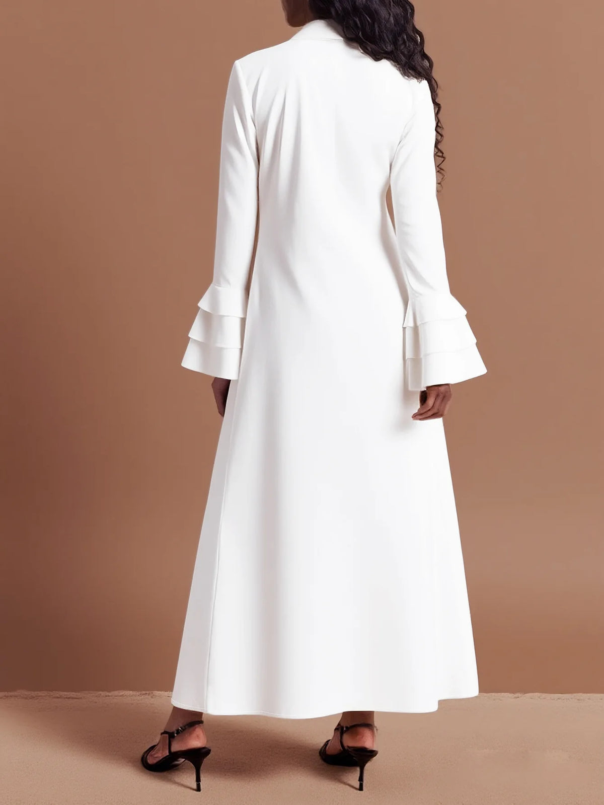 Elegant Women's Autumn Dress Turn Down Collar Solid Flare Sleeve Loose Casual High Street Pleated A-line  Long Dresses 2025