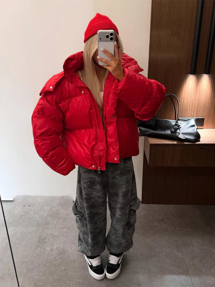 Women Bright Red Hooded Puffer Jacket Oversized Collar Horizontal Quilted Thick Padded Cropped Coat Warm Outerwear Winter Coats