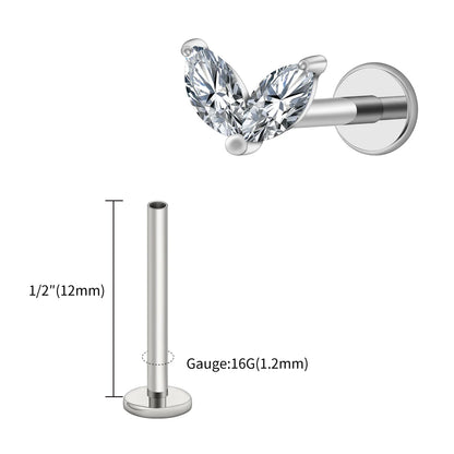 Right Grand ASTM F136 Titanium Tiny Double Marquise CZ Labret Stud Earring 16G Heart CZ Cartilage Helix Tragus Conch Piercing