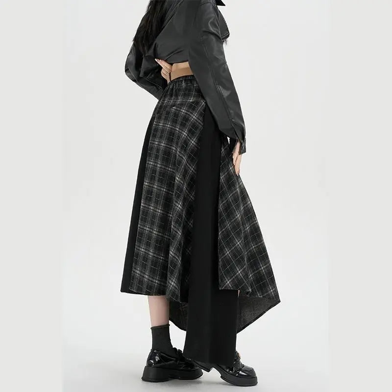 Qiukichonson Long Skirts Women Plaid Skirt Vintage Spring Autumn Patchwoek High Waist Ruffles Asymmetrical Maxi Skirt With Belt