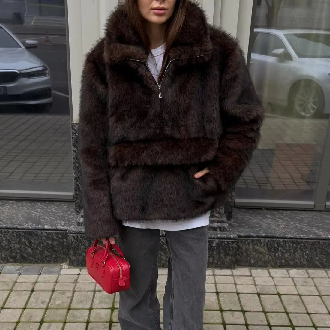 Laur 2026 Designer Faux Fur Coat, New Winter Style, Warm Pullover Zipper Top Simple Stylish And Elegant