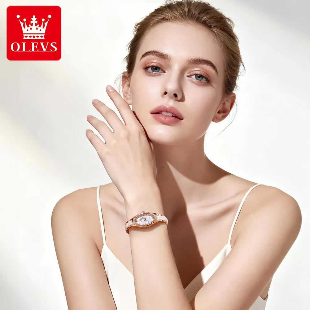 OLEVS Brand New Quartz Watch for Woman Elegant Luxury Ceramics Steel Strap Fashion Oval Diamond Dial Women's Waterproof Watches