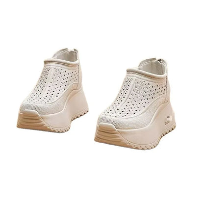 Hollow Sandals Rhinestones Fashion Genuine Leather Women Chunky Sneakers Female Summer Height Increasing Ladies Shoes