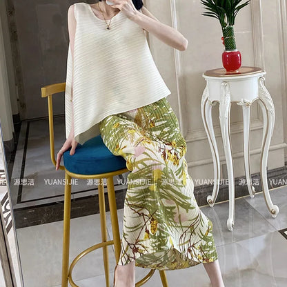 Women's Plus Size Summer New Arrival Elegant Classic Pleated Texture Lazy Style Floral Print Slit High Waist Slimming Skirt