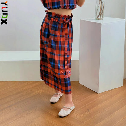 Vibrant Red-Blue Plaid Miyake Pleated Midi Skirt Ruffled Waistband Self-Tie Belt Women Casual Daily Office Weekend Brunch Skirt