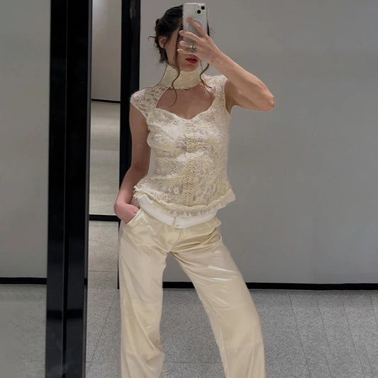 Elegant High Neck Cutout Lace Tank Tops Women Sleeveless Open Back Ruffles Hem Slim Ivory Floral Blouse 2026 New Daily Date Wear