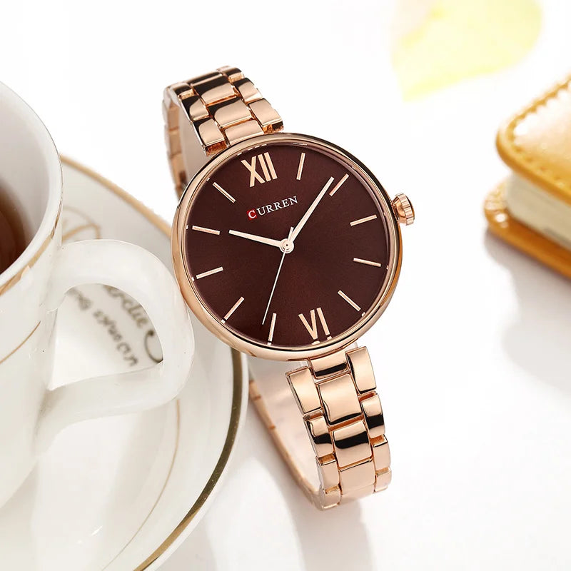 CURREN 9017 Women Minimalist Watches Roman Numeral Rose Gold Women Quartz Clock Creative Wood Pattern Dial Fashion Wristwatch