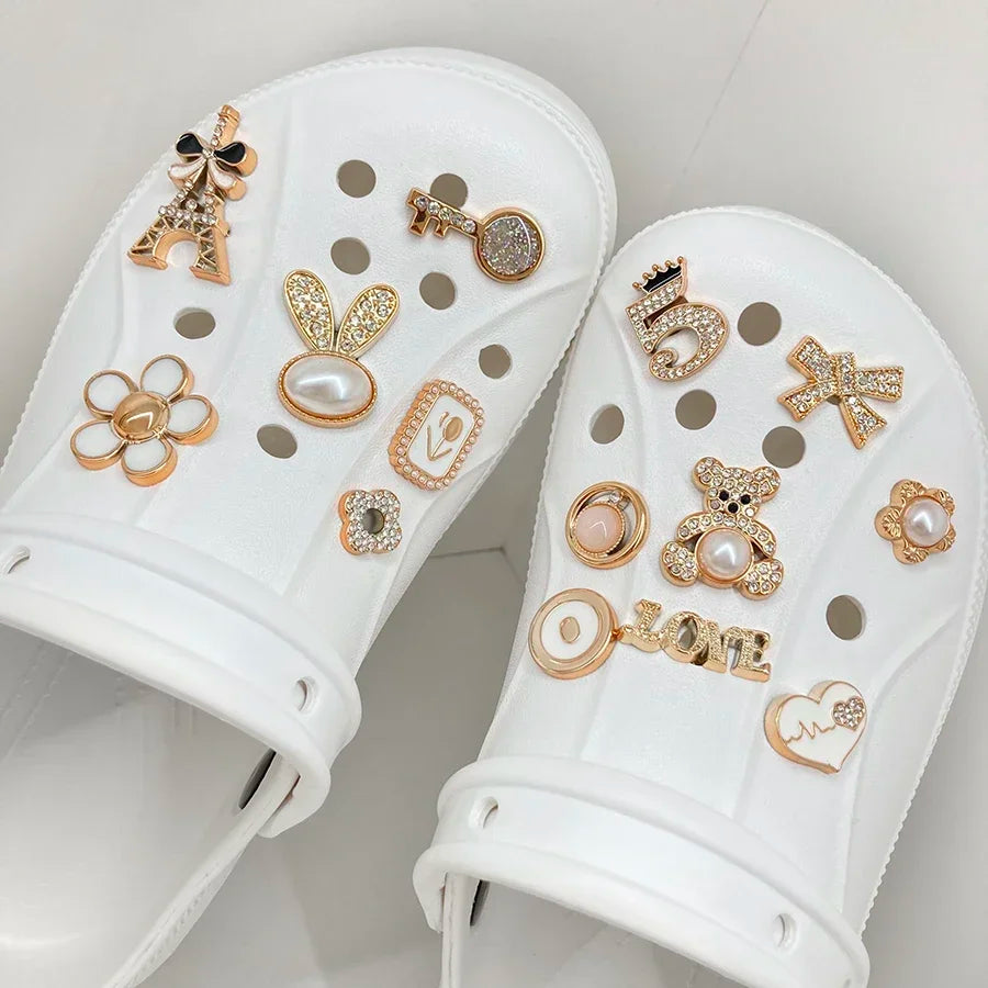 14PCS Sparkling Rhinestone & Faux Pearl Shoe Charms Pins Set, DIY Detachable Decor for CROCS Clogs