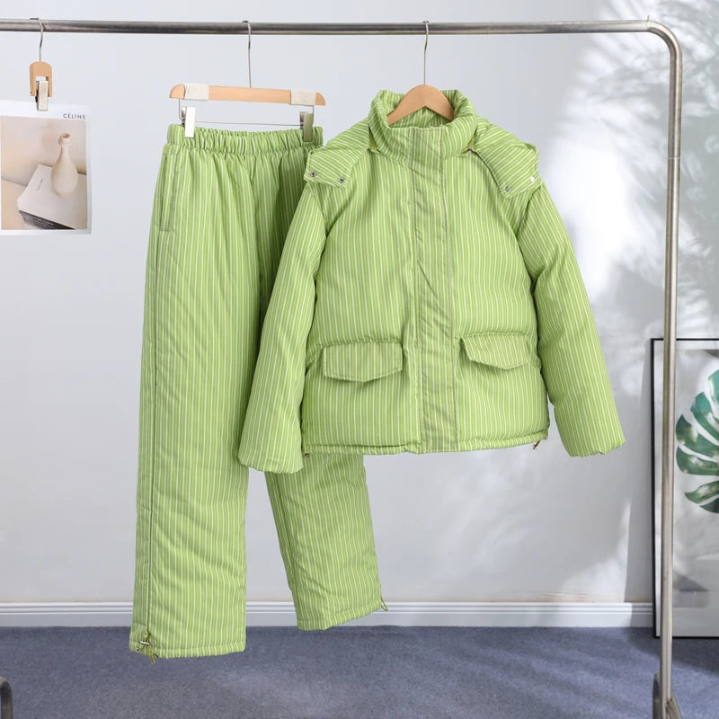 Urban Solid Women Stripe Padded Coat Pant Set Casual Full Sleeve Hooded Zipper Jacket Elastic Waist Pants 2026 Winter Lady Suits