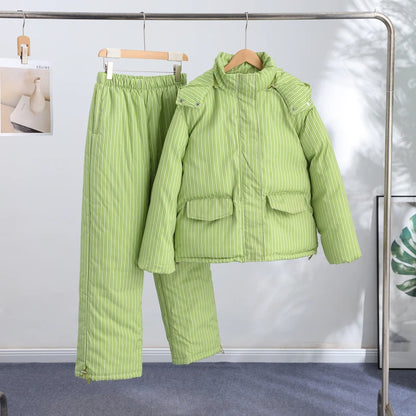 Urban Solid Women Stripe Padded Coat Pant Set Casual Full Sleeve Hooded Zipper Jacket Elastic Waist Pants 2026 Winter Lady Suits