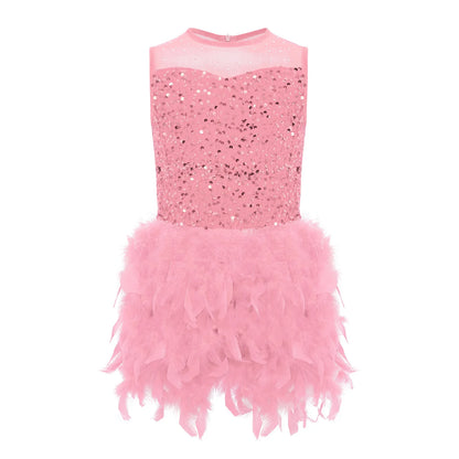 Kids Girls Ballet Leotard Dress Dance Performance Costume Long Sleeve Sheer Mesh Patchwork Sequins Feather Velvet Tulle Dress