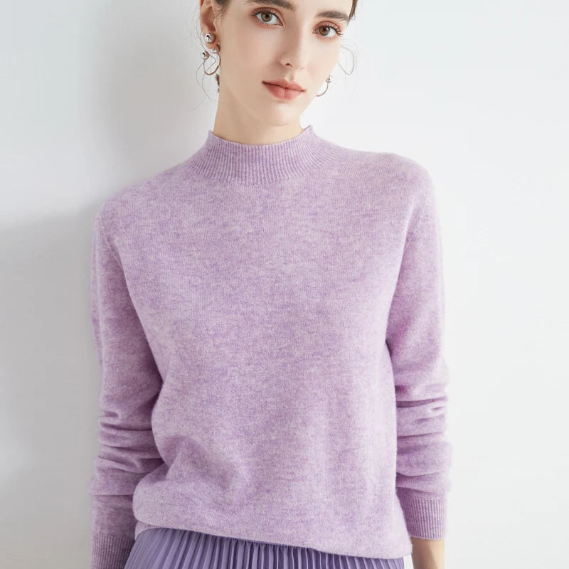 First-Line Seamless Women's Half-Turtleneck 100% Pure Wool Sweater Solid Color Long Sleeve Pullover Knitted Bottoming Sweater
