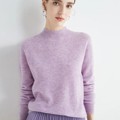 First-Line Seamless Women's Half-Turtleneck 100% Pure Wool Sweater Solid Color Long Sleeve Pullover Knitted Bottoming Sweater