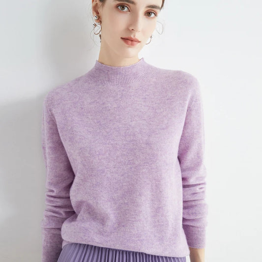 First-Line Seamless Women's Half-Turtleneck 100% Pure Wool Sweater Solid Color Long Sleeve Pullover Knitted Bottoming Sweater