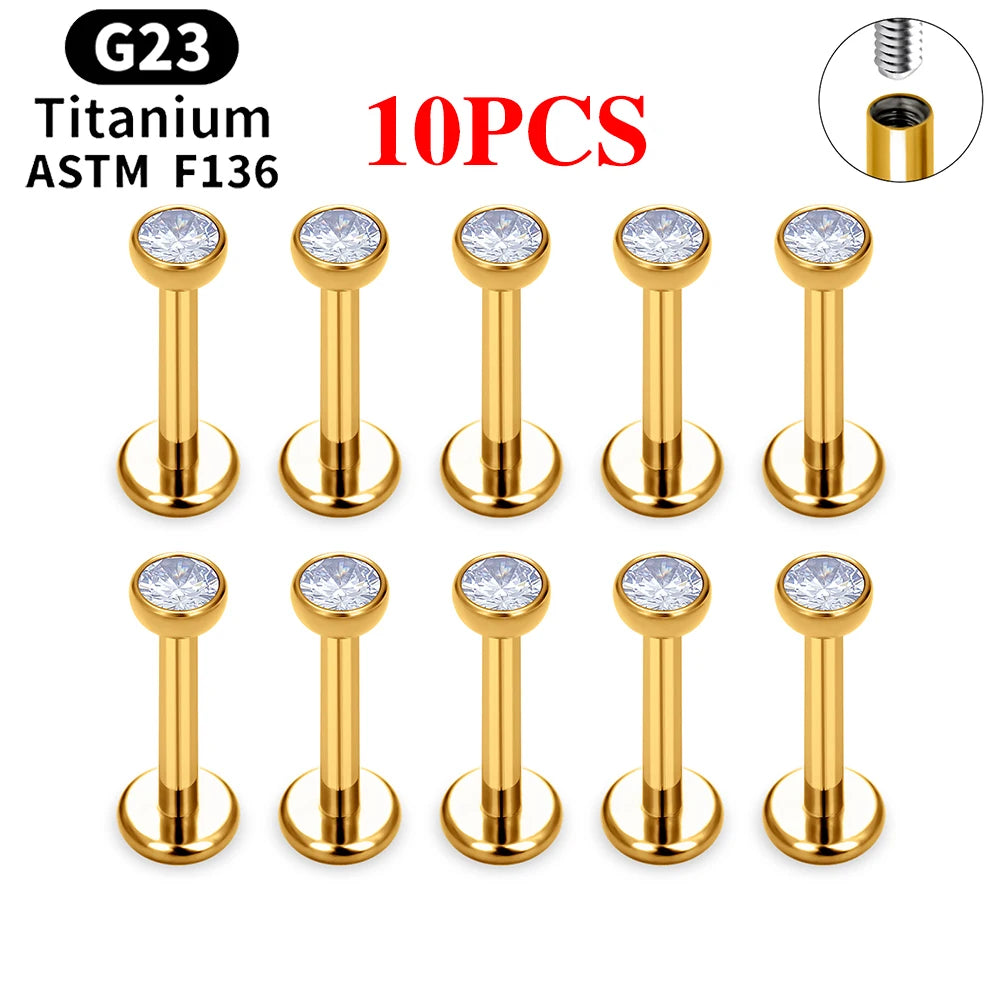 10/50PCS G23 Ttianium Piercing Labret Lip Stud Ring CZ 16G Internal Thread Stud Earring Ear Tragus Cartilage Helix Daith Jewelry