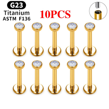 10/50PCS G23 Ttianium Piercing Labret Lip Stud Ring CZ 16G Internal Thread Stud Earring Ear Tragus Cartilage Helix Daith Jewelry