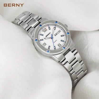 BERNY Women's Watches Luminous Date Week Calendar Stainless Steel Quartz Women WristWatches Clock Waterproof Casual Ladies Watch