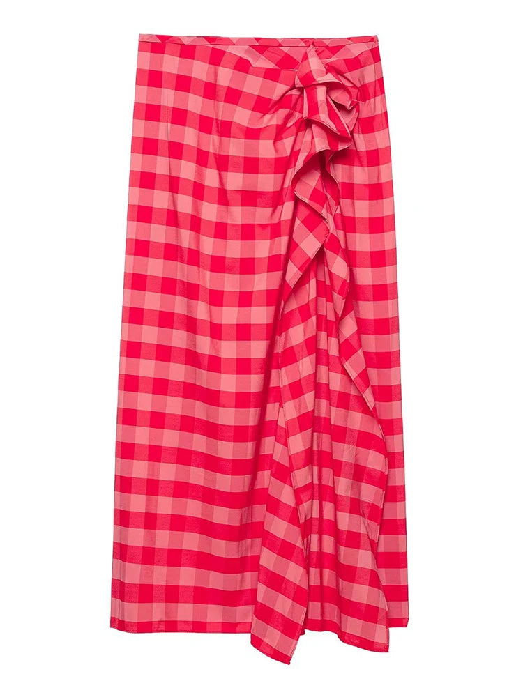 HH Elegant Summer Red Plaid Midi Skirt For Women Chic High Waist Stacked Ruffle Decoration Midi Skirt Female Party Wear