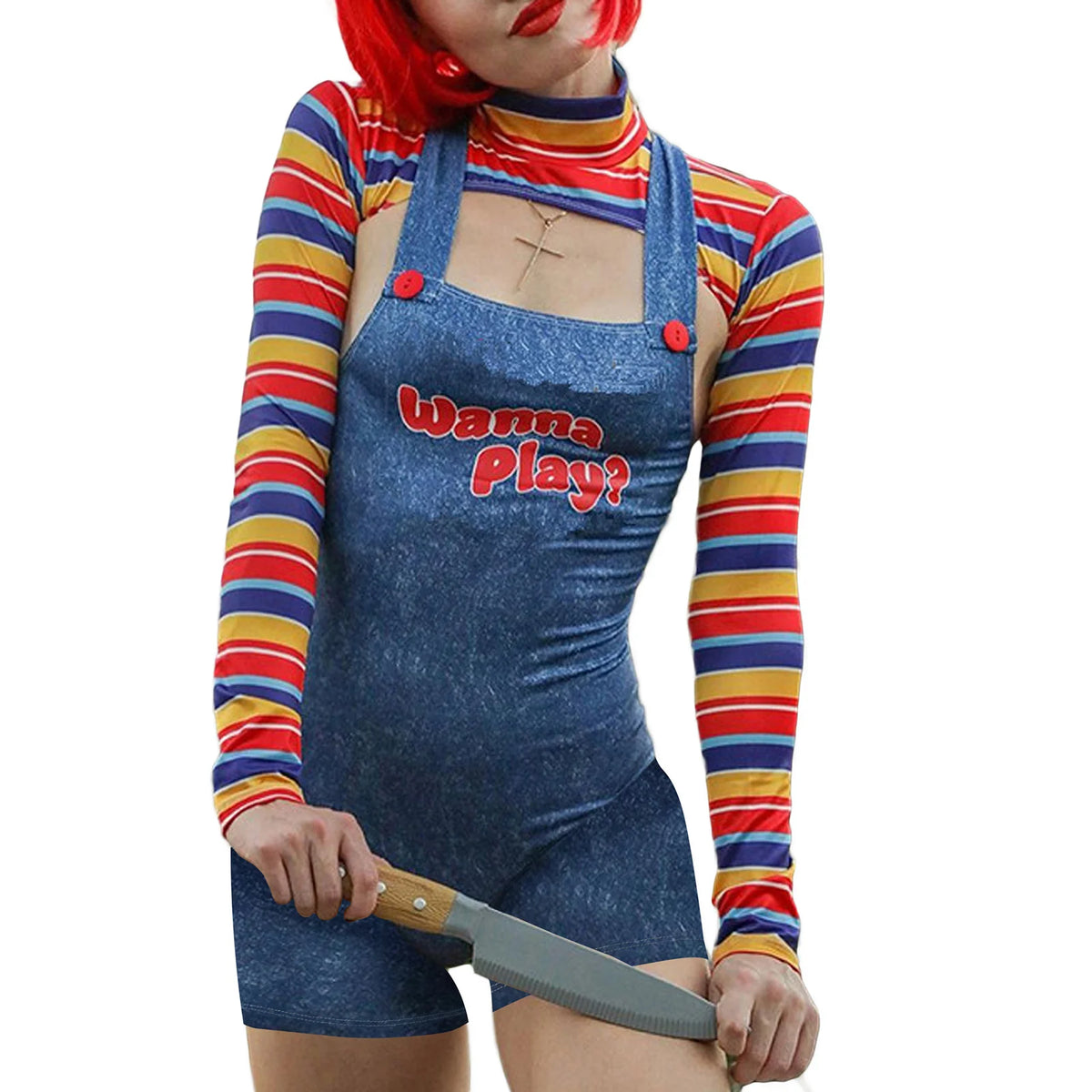 hirigin Women 2 Pcs Halloween Costumes Scary Nightmare Killer Doll Wanna Play Movie Character Costume Set Sling Jumpsuits