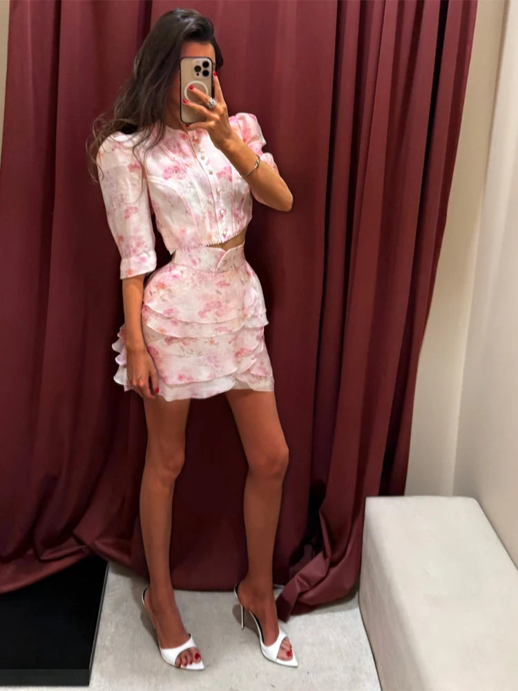 Elegant Printed Satin Skirt Set Women Fashion Round Collar Short Sleeve High Waist Top Skirts Suit Chic 2026 Lady Street Outfit