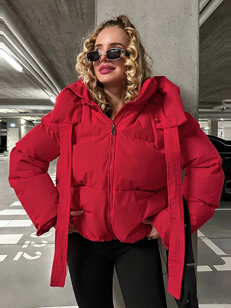 Bear Ear Hooded Women Jacket Drawstring Zippers Cropped Padded Coat Female 2026 Winter Chic Street Fashion Lady Outerwear