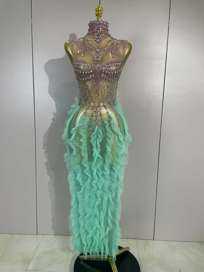 Luxury Sparkly Rhinestone Sleeveless Long Dress Sexy Mesh Ruffled See Through Eveing Birthday Party Nightclub Singer Stage Wear