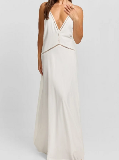 Elegant White Deep V Neck Spaghetti Strap Maxi Dress Women Waist Cutout A-Line Long Dress 2026 Summer Beach Vacation Party Robe
