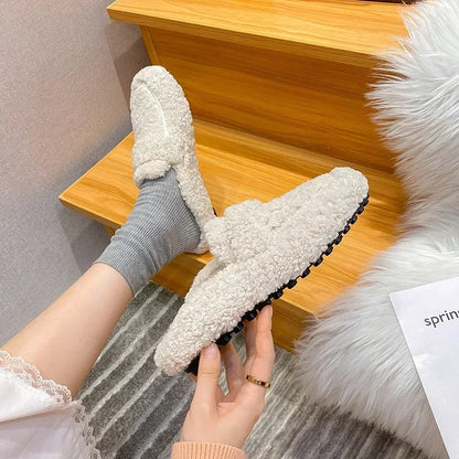 Winter Warm Plush Half Slippers Woman Outdoor Furry Mocasines Warm Slip on Cotton Shoes Woman Flats Cover Toe Curly Fur Slides