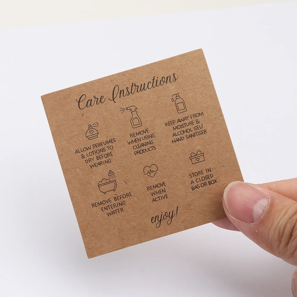 50PCS Printable Square White Brown English Care Instructions Card For Jewelry Making Necklace Care Inserts DIY Accessories