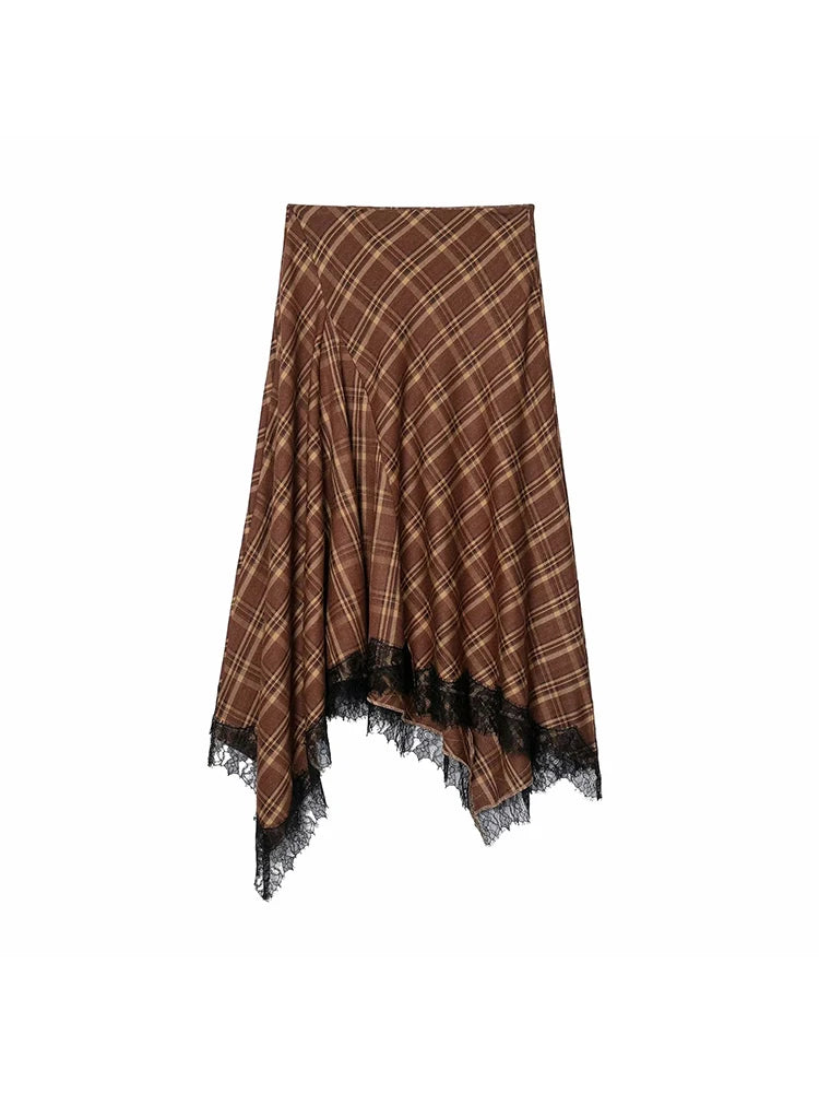 Women Vintage Chic Midi Skirt Elegant Women Plaid Lace Long Skirt New Summer  Commute Dinner Party Lady Skirt