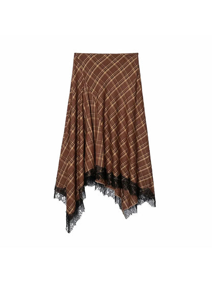Women Vintage Chic Midi Skirt Elegant Women Plaid Lace Long Skirt New Summer  Commute Dinner Party Lady Skirt