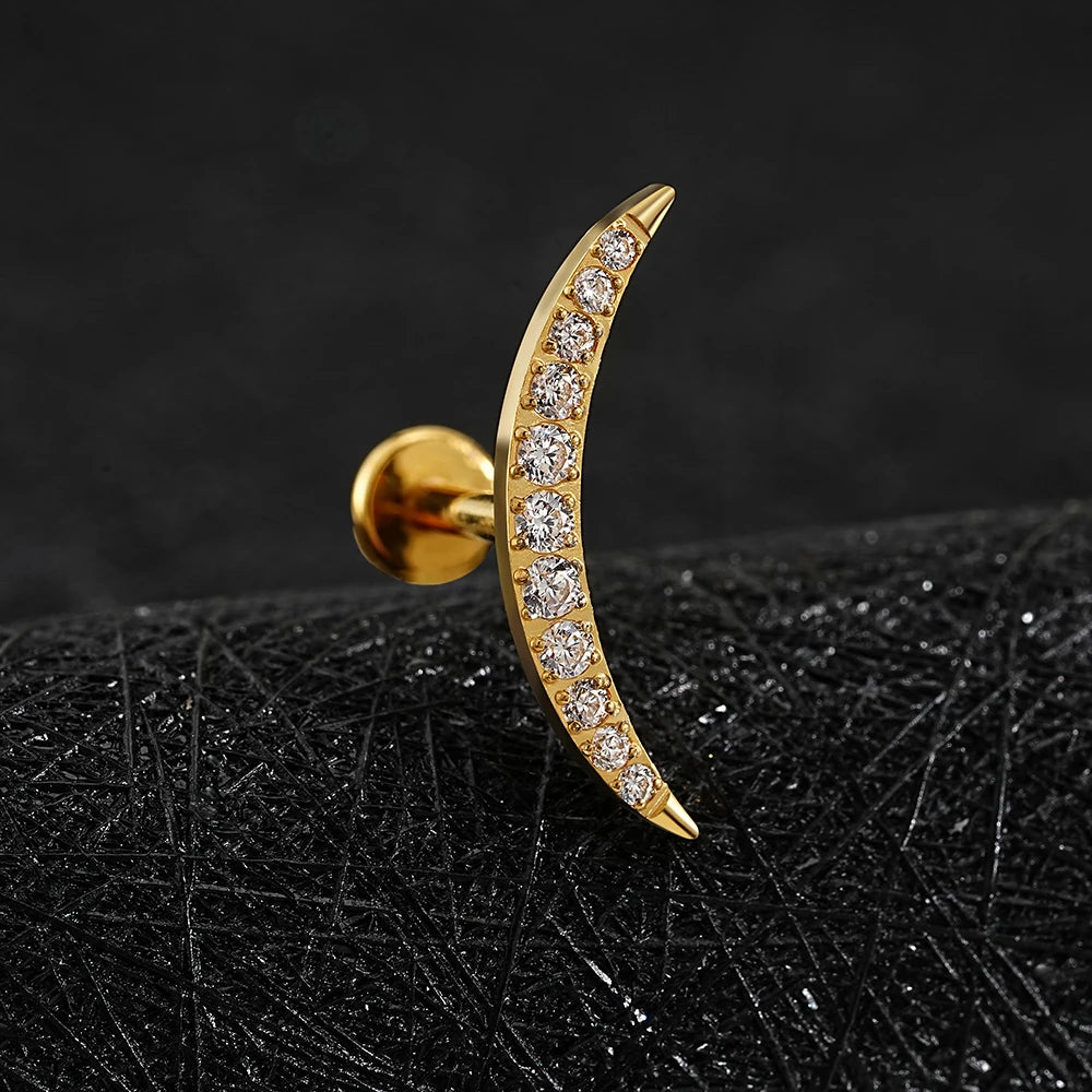 Right Grand ASTM F136 Titanium Long Crescent Moon Labret with CZ 16G Screw Back Climber Earring Helix Cartilage Tragus Piercing